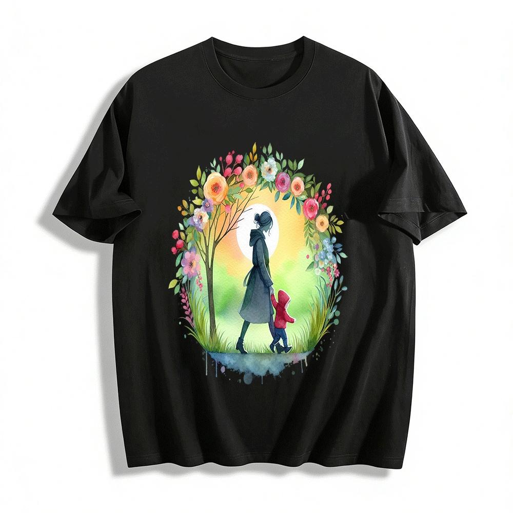 

Watercolor Mother Child Walk Print Casual Top Pure cotton T-shirt XXS