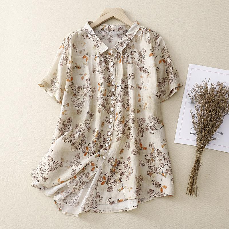 Sommer Retro Kragen Bedrucktes Kurzarmhemd Damen Künstlerisches Loses Blumenblusen- und Hemdoberteil