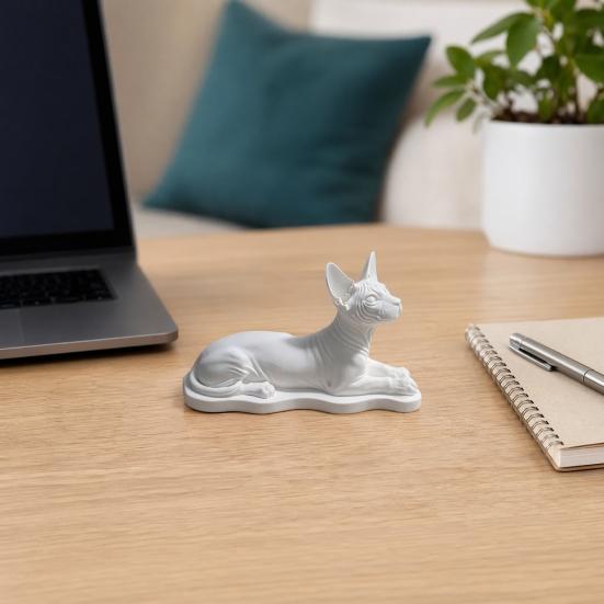 3D-gedruckte Sphinx-Katzenfigur, Realistische haarlos-Katzenstatue, Liegende Skulptur mit geschwungener stabiler Basis, Mattweißes Ornament für Schreibtischregal