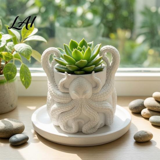 Fantasy Style Plant Container 3D Printed Octopus Planter with Tray Unique Marine-Inspired Succulents Pot Novelty Sea Monsters Decor Pot Drainage
