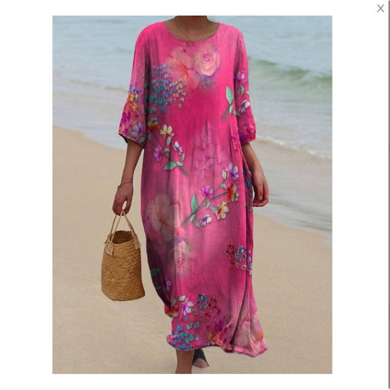 Women's Round Neck 3/4 Sleeve Midi Dress Casual Loose Solid Color Beach Vacation Long Dress