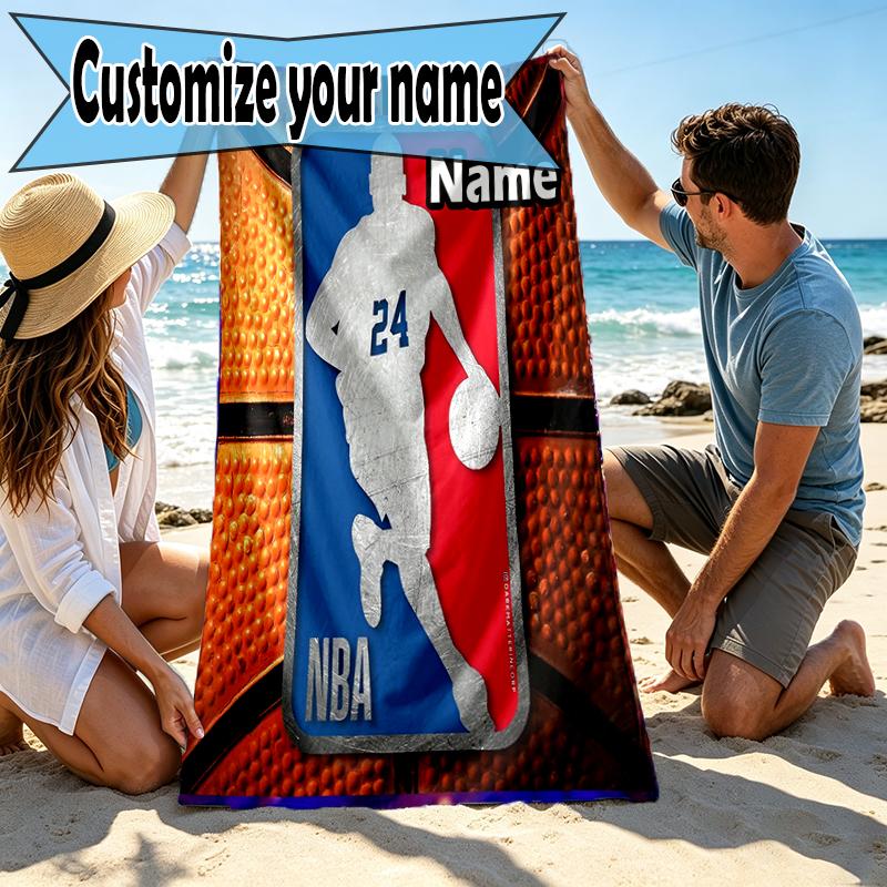 Custom Name Personalized NBA Print Beach Towel, for Trip Camping Beach Party Home Decor, Birthday Gift for Family & Friends