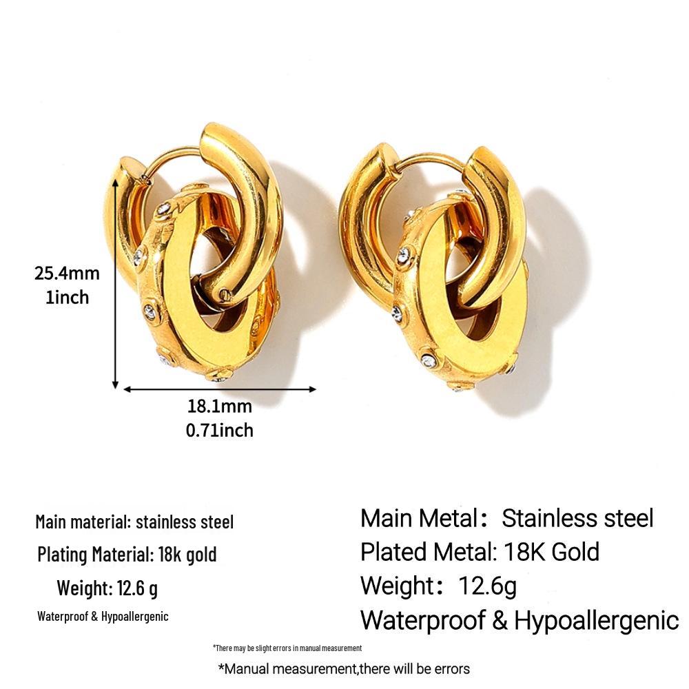 Women's Two-Tone Zirconia Double Circle Stud Earrings, Stainless and Titanium Steel, 18K Gold Plated, Waterproof