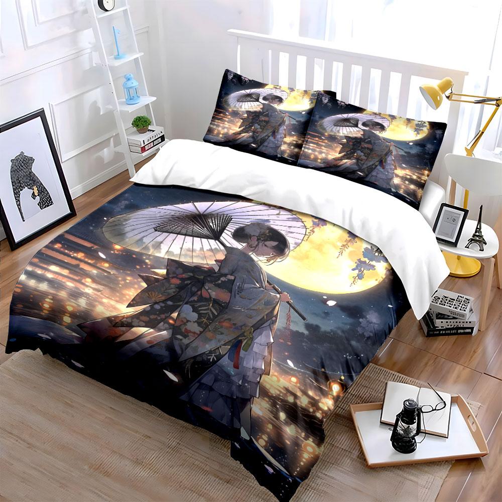 Kimono-clad girl under full moon Print Bedding Set 1 Duvet Cover 2 Pillowcases for Adult and Children Luxury Gift Full Size
