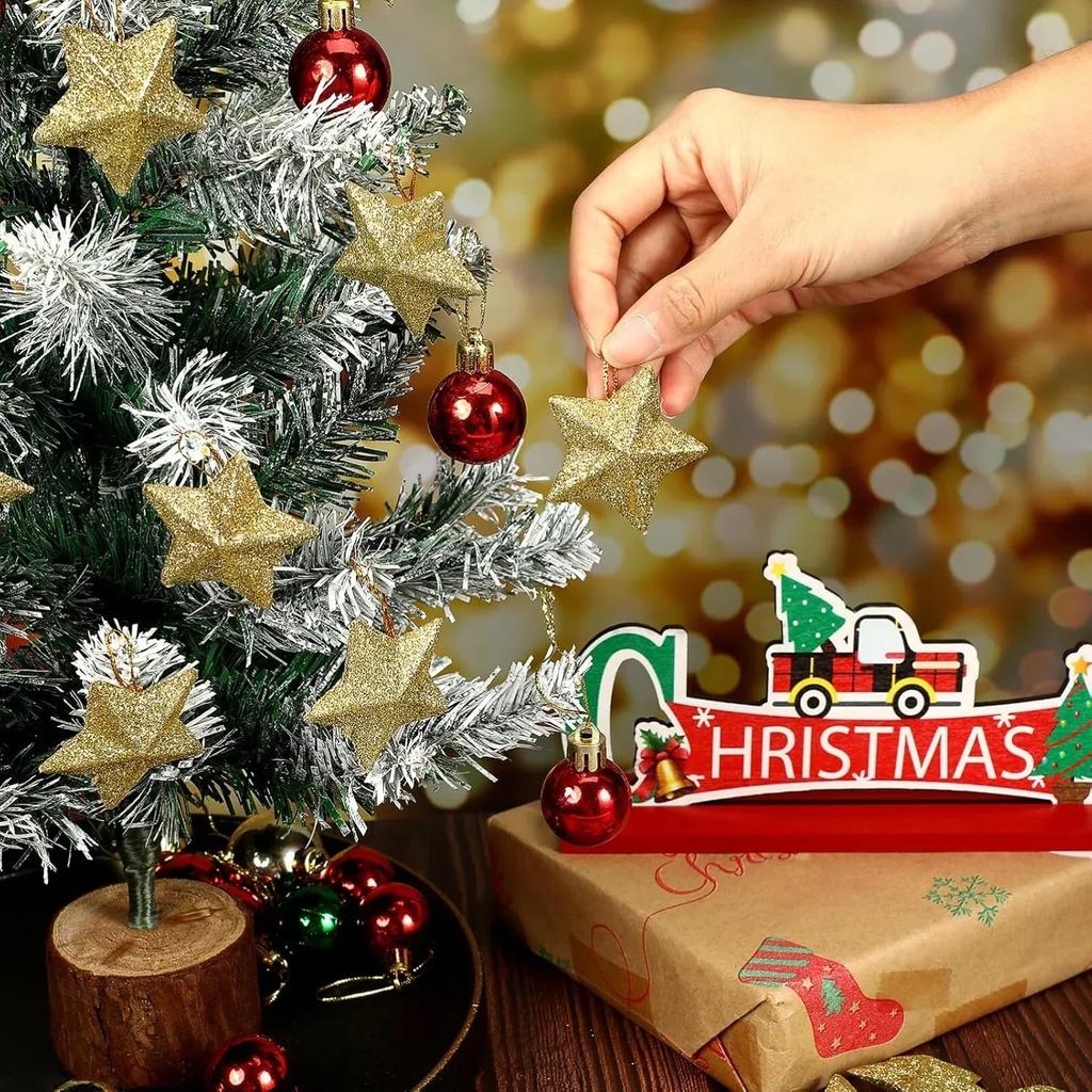 24pcs Gold Glitter Star Ornaments Christmas Tree Hanging Pendant 2024 Christmas Decorations for Home Navidad New Year Party