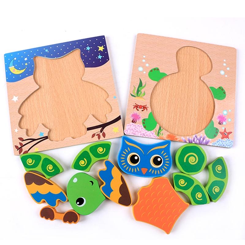 Baby High Quality 3D Wooden Puzzles Educational Cartoon Animals Early Learning Intelligence Puzzle Game Toys For Children