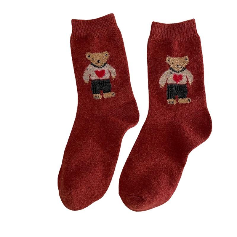 Ladies Autumn Winter Thickened New Sweet Cartoon Bear Wool Medium Tube Pile Socks