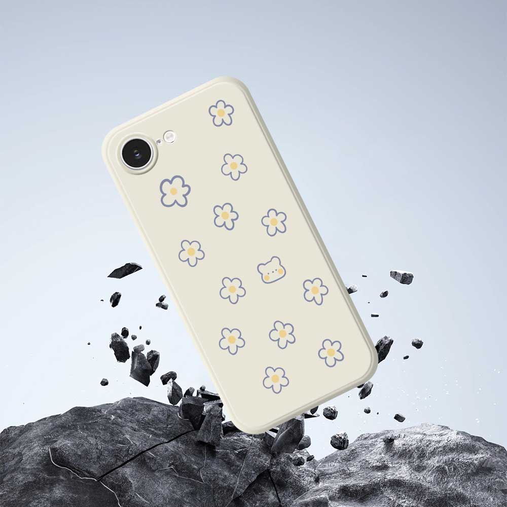 For iPhone 16e Case Cute Floral Bear Pattern Printing Straight Edge TPU Phone Back Cover