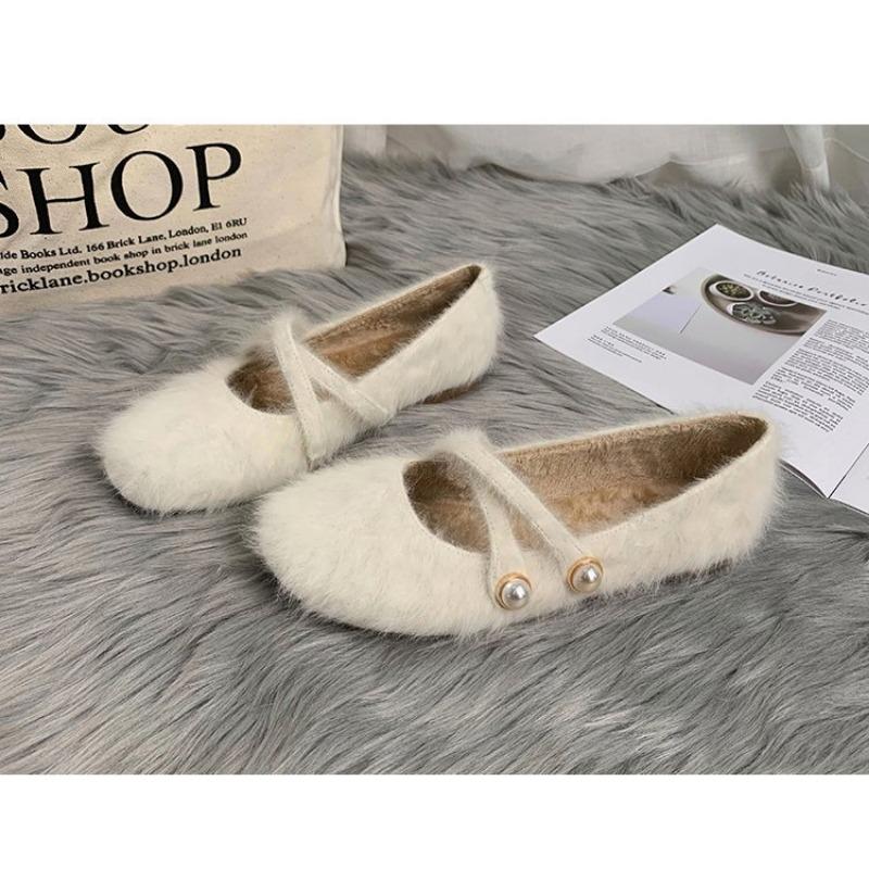 New Style Elegant Buckle Strap Fur Mary Jane Shoes Woman Cosy Soft Fluffy Ballet Flat Ladies Plush Shallow Loafers Concise Dress