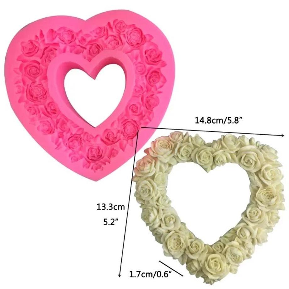 1 Pcs Large Rose Heart Wreath Silicone Food Good Mold Big Heart Shaped Rose Silicone Mold Cake Decorating Tools Soap Cake Mould