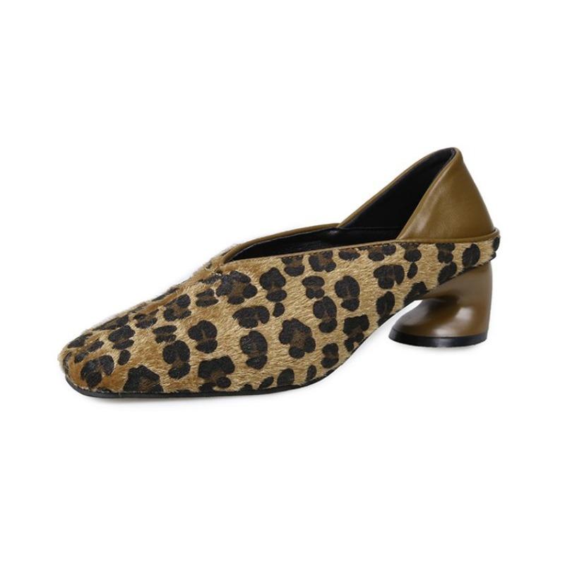 Luxury Horse Hair Leopard Print Loafers Woman Elegant Point Toe Horseshoe Pumps Ladies Brand Design Evening  Velvet Heel Shoes