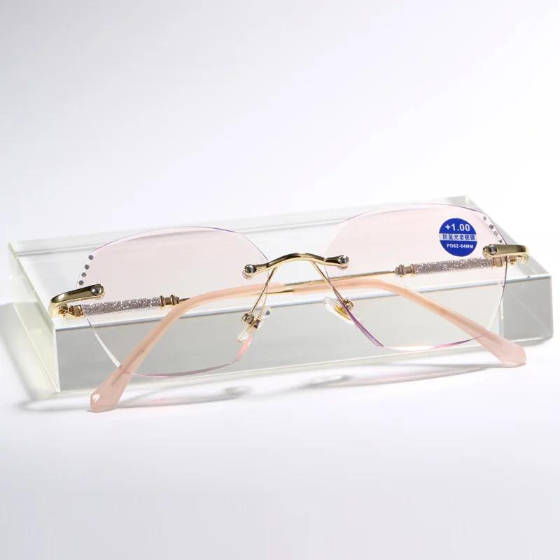 New Style Diamond Cut Reading Glasses Luxury Design Women'S Square Far Sight Eyewear Anti-Blue Light Rimless Presbyopia To +4.0