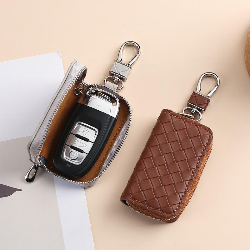 Woven Pattern Car Key Case for Men Large Capacity Zipper Key Organizer Pouch for Women Keychain Car Key Holder Car Accessories