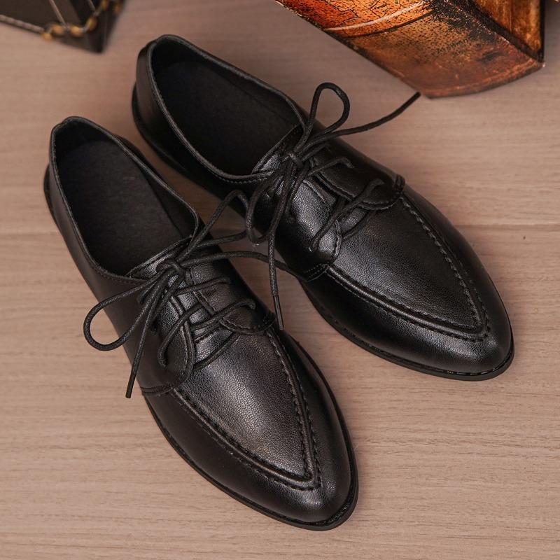 

Small Leather Shoes Autumn New Pointed Toe Deep Mouth Lace-up Soft Sole Non-slip Block Heel Low-top Boots 43