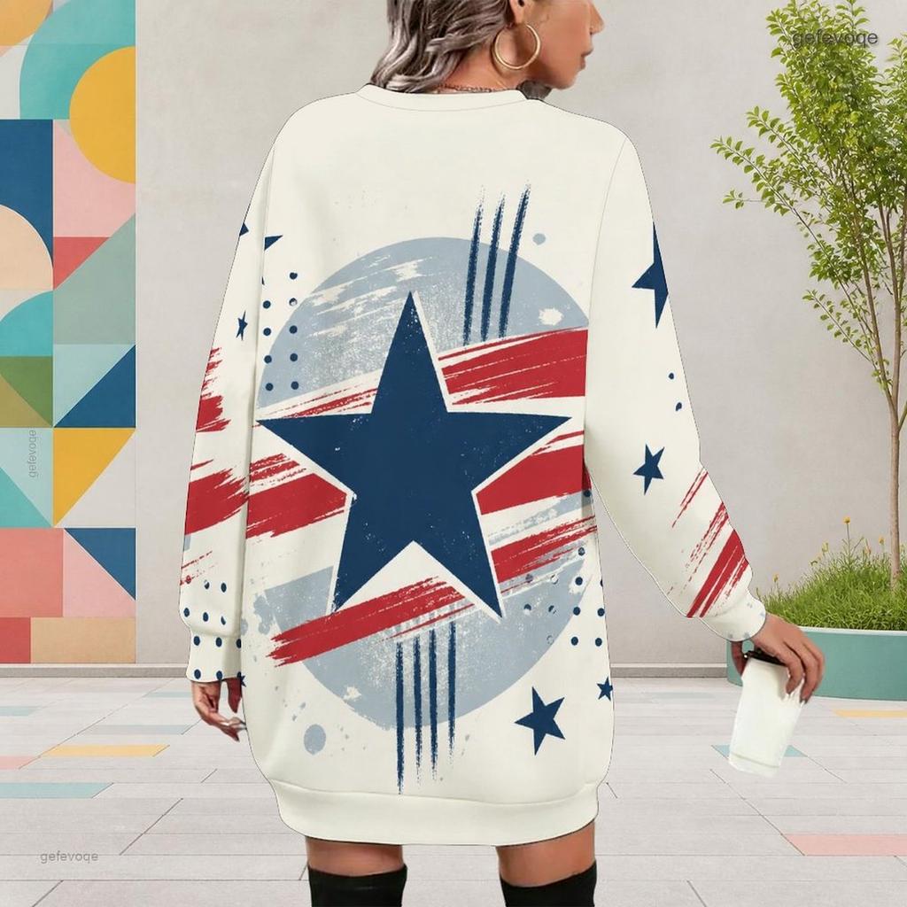 Women Plus Size Round Neck Long Sleeve American Eagle Printed Sweatshirt Mini Dress