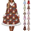 Women's Fashion Casual Gold Velvet Fleece Dress with Christmas Print, V-neck Long-sleeved Dress