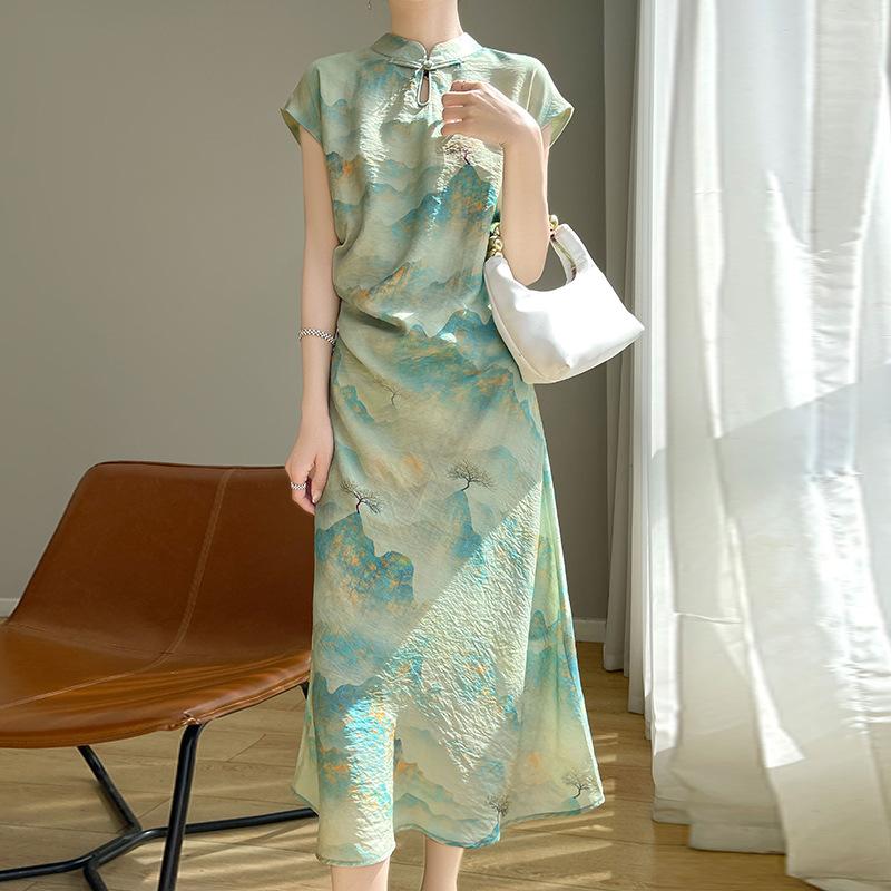 

Ретро Платье из шелкового хлопка в новом китайском стиле для женщин с высококлассным воротником-стойкой на пуговицах, с принтом в китайском стиле, средней длины, базовое, длинная юбка XXL