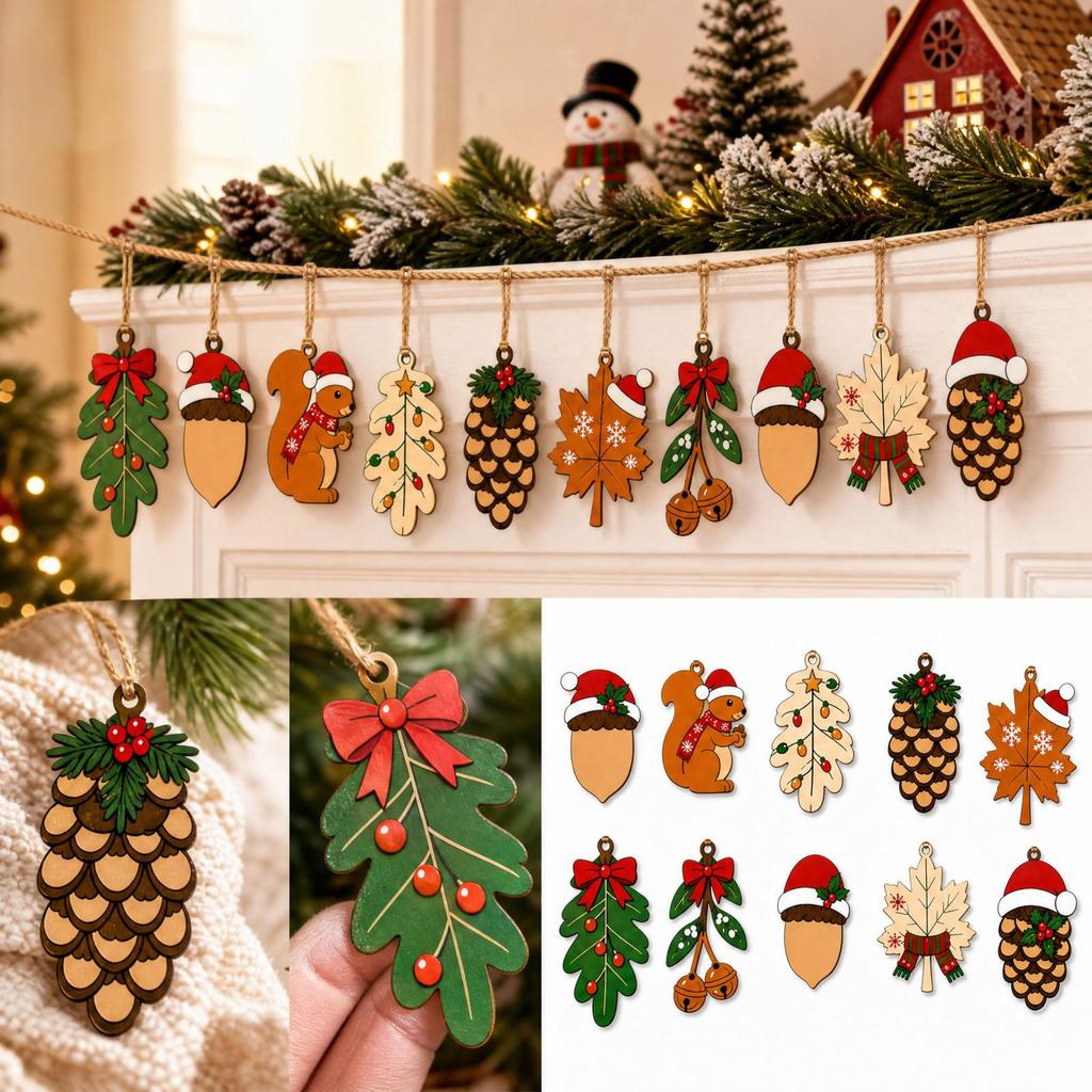Flat Wooden Christmas Hanging Ornaments with, Set of 8 for Holiday Tree Decor