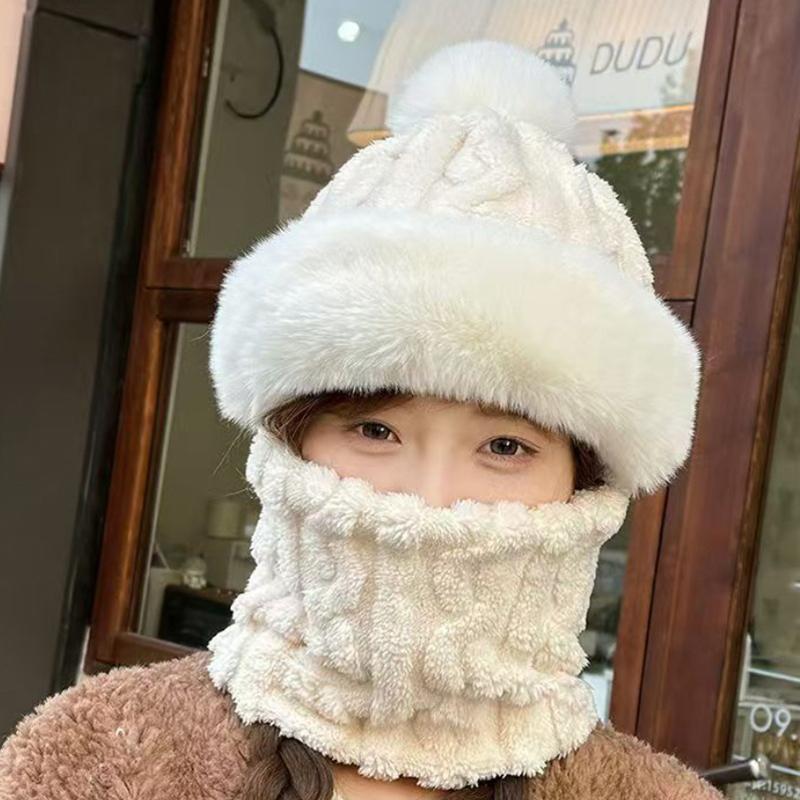 1Pcs Winter Knitted Hat Scarf Mask One-Piece Plush Pompom Beanies For Women Outdoor Cycling Cap Ears Neck Protection Skiing Cap
