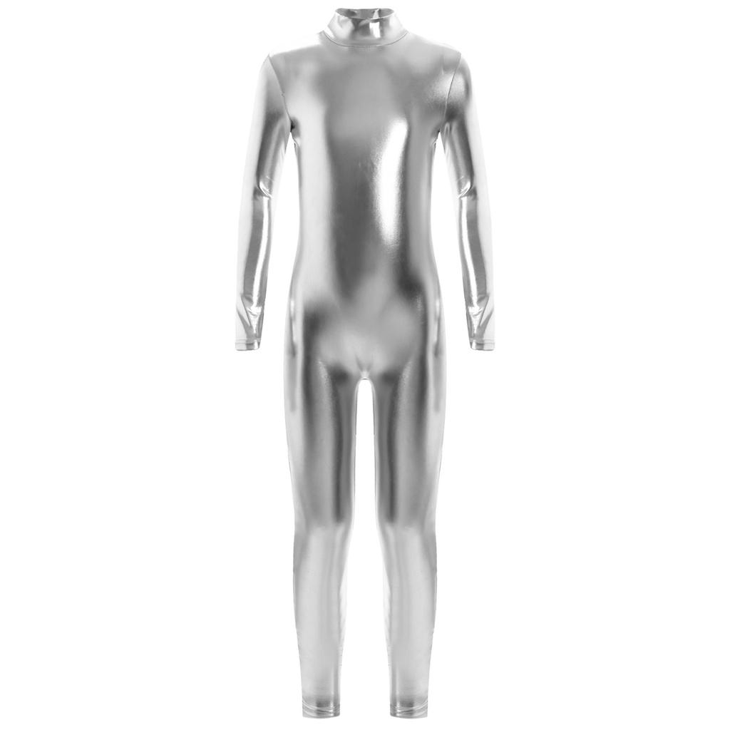 Meisjes jumpsuit met glanzende metallic afwerking, col, lange mouwen en volledige lengte