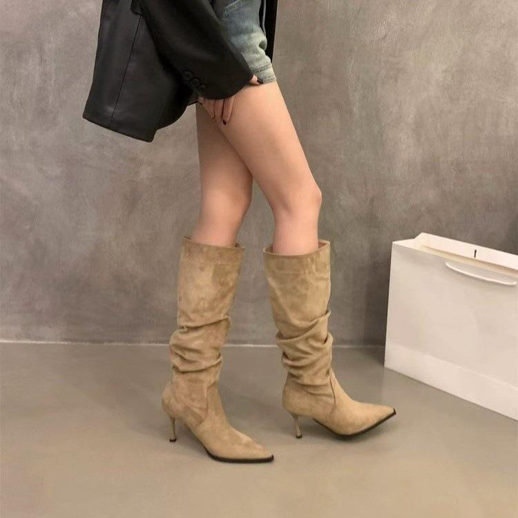 

Сапоги цвета хаки с острым носком на высоком каблуке, длинные сапоги, женская обувь, осень-зима 2025, новые замшевые тонкие длинные сапоги-трубы в рыцарском стиле 39