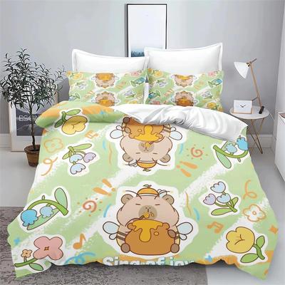 3D-gedrucktes Bettwäscheset mit Cartoon-Capybara-Motiv, Kinderbettbezug und Kissenbezug, Anime-Stil, Polyester, niedliche Cartoon-Heimdekoration