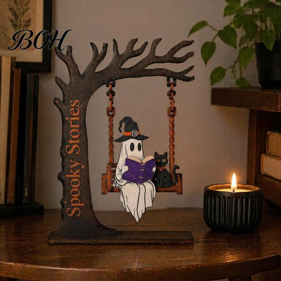 Handcrafted Wooden Art Pieces Halloween Desktop Swing Decor, Spooky Home Reading Ghost on A Figurine Wear Resistant Decorations for Living Room
