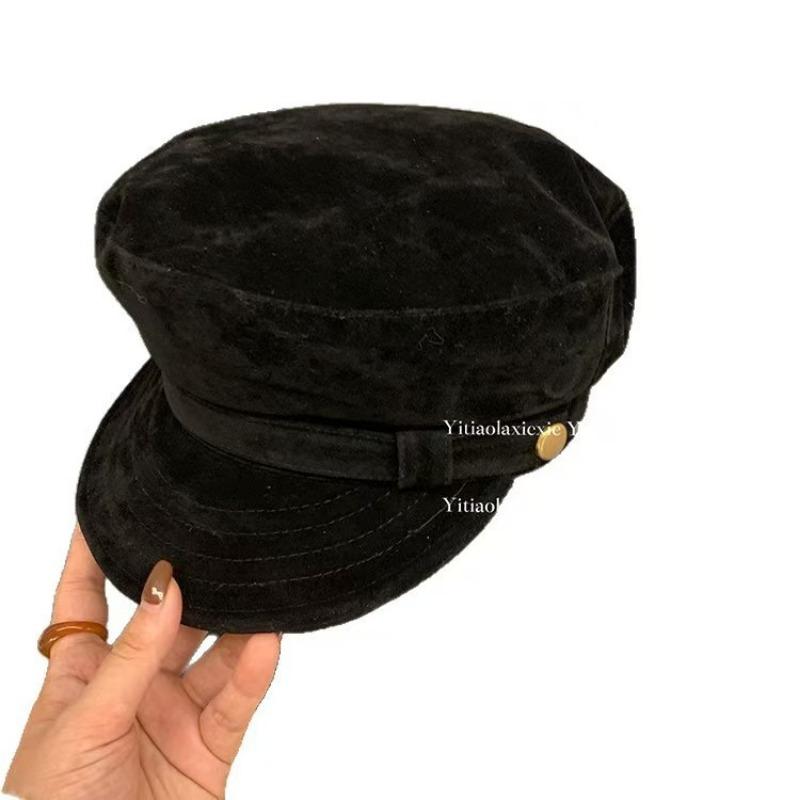 Autumn atmosphere Maillard~ Brown suede flat-topped newsboy hat for women's autumn and winter retro British octagonal beret