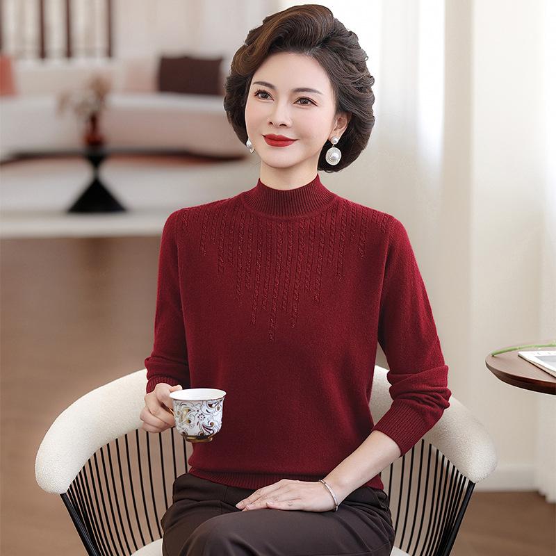 

Red 100% Wool Knit Sweater for Middle-Aged & Elderly Women - Stylish Winter Warm Top XL (for 105-120 jin) вино красного