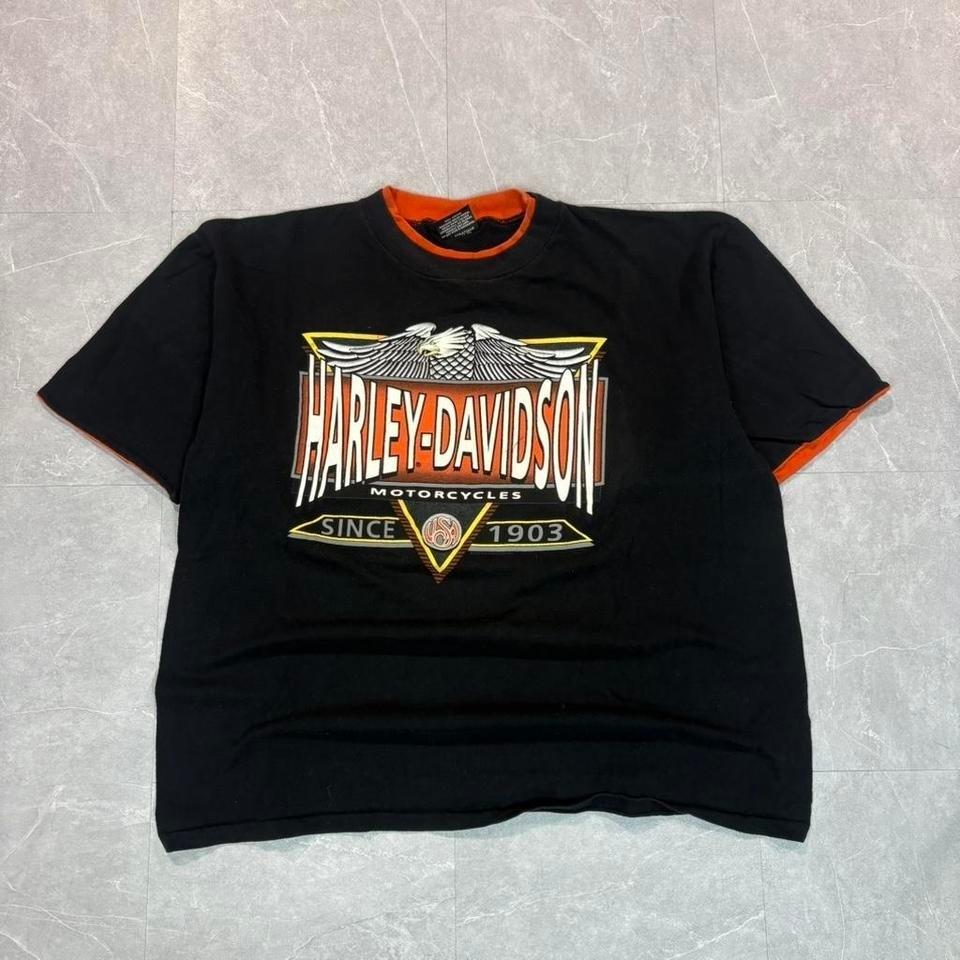 1990 s Harley Davidson black cotton with orange trim Unisex T-Shirt XL