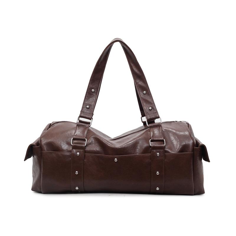

Rivet short trip bag large capacity luggage bag retro handbag commuter bag unisex trendy shoulder bag темно-коричневого кольору
