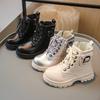 Autumn Winter Children Leather Boots Girls Silver High-top Boots Princess Side Buckle Design Leather Shoes Kids Warm Cotton Boot