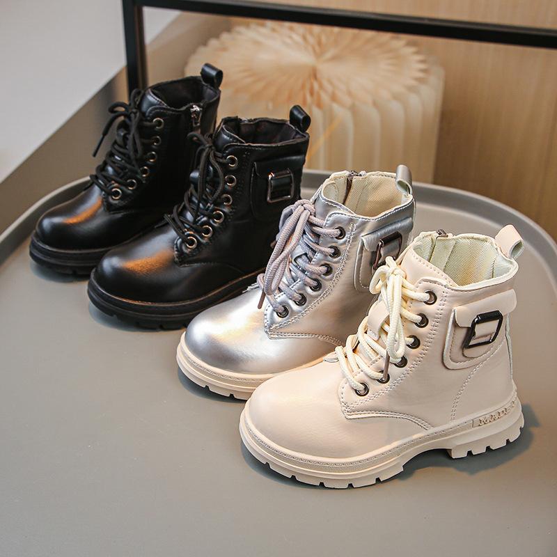 Autumn Winter Children Leather Boots Girls Silver High-top Boots Princess Side Buckle Design Leather Shoes Kids Warm Cotton Boot