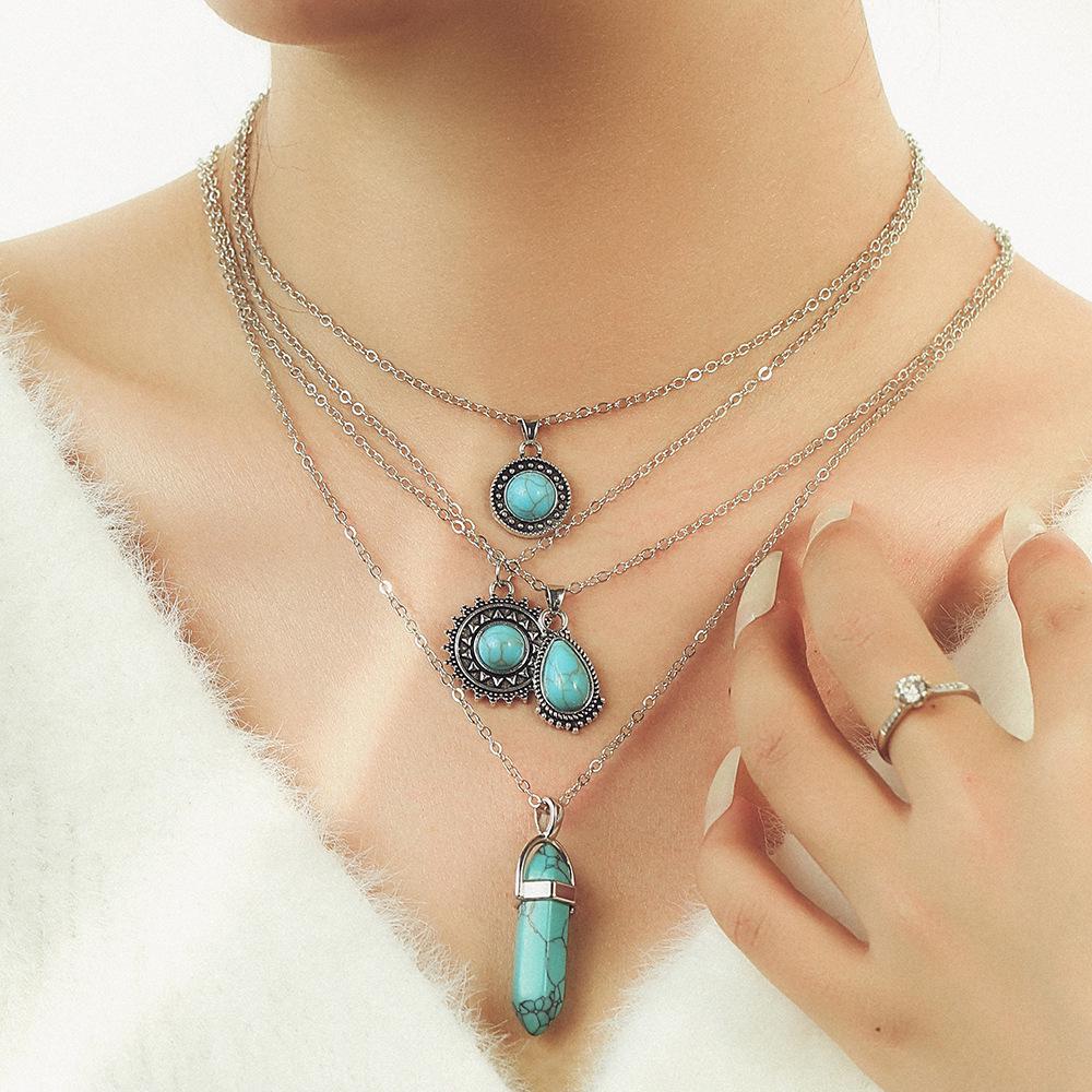 Bohemian Vintage Turquoise 4-Layer Pendant Necklace Set