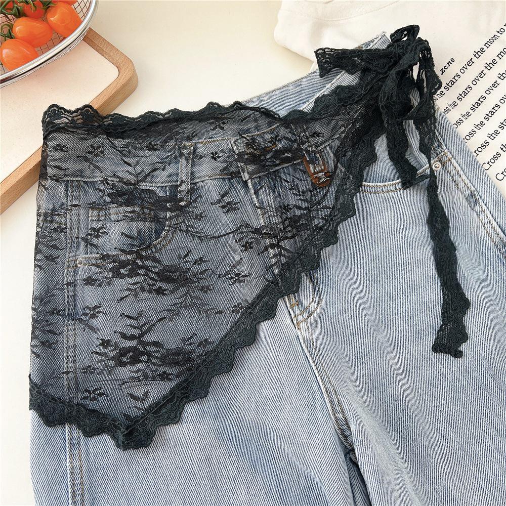 Szykowana Koreańska Mini Spódnica Patchworkowa z Koronką i Wiązaniem na Pasie w Stylu Bandana