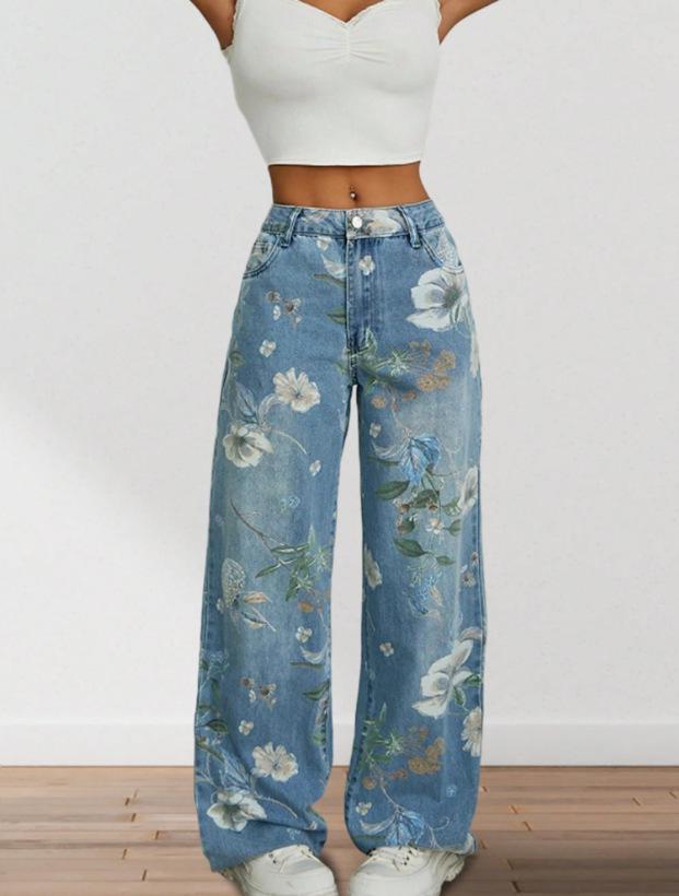 2026 Spring/Summer Women's Printed Mid-Waist Wide-Leg Jeans