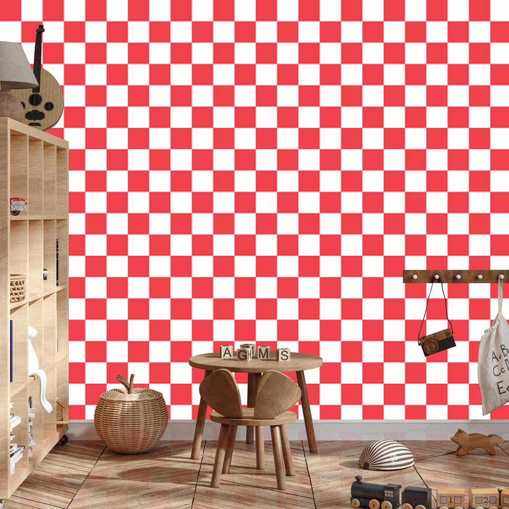 Checkerboard wallpaper, white and red, coral background, 50x1000