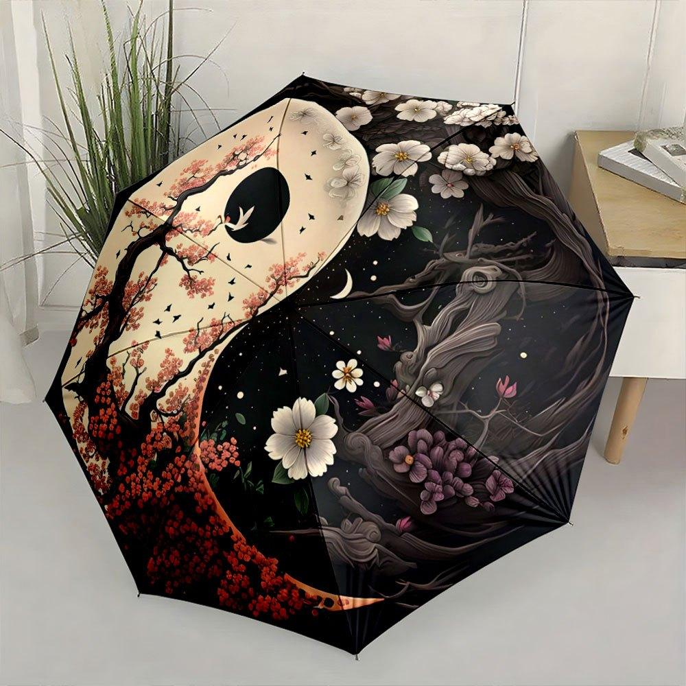 Automatic Folding Umbrella A Yin-yang Design with Cherry Blossoms and Night Flowers. Portable Collapsible Design, Casual Outdo