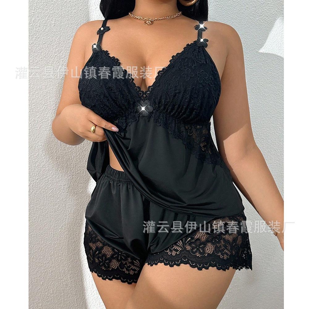 Large size lace sexy pajamas two-piece set sexy suspender shorts set pure loungewear