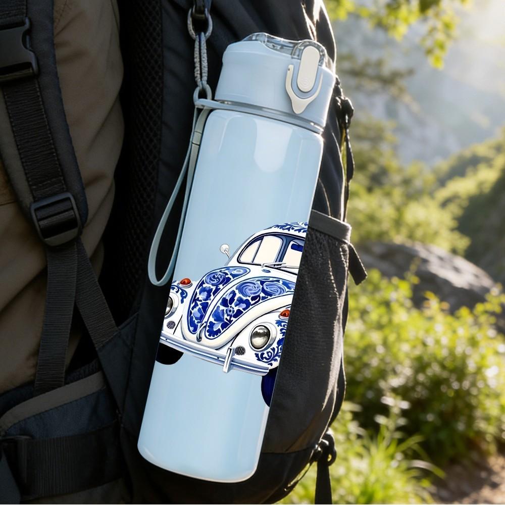 1PC Vintage Blue Beetle Car Retro Pattern 750ml Color Plastic Sports Water Bottle Leakproof Flip Straw Lid Suitable for Sports Office Home Use