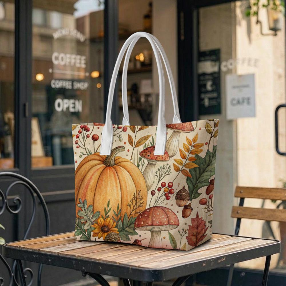 Autumn Pumpkin Mushroom Pattern Casual Tote Bag for Daily Shopping