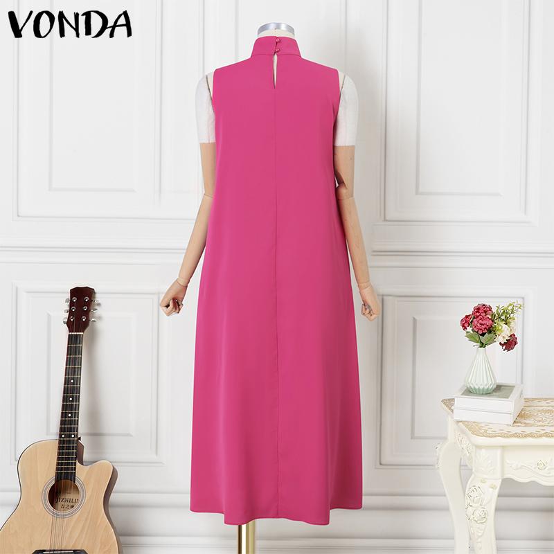 VONDA Women Summer Stand Collar Sleeveless Solid Color Dresses