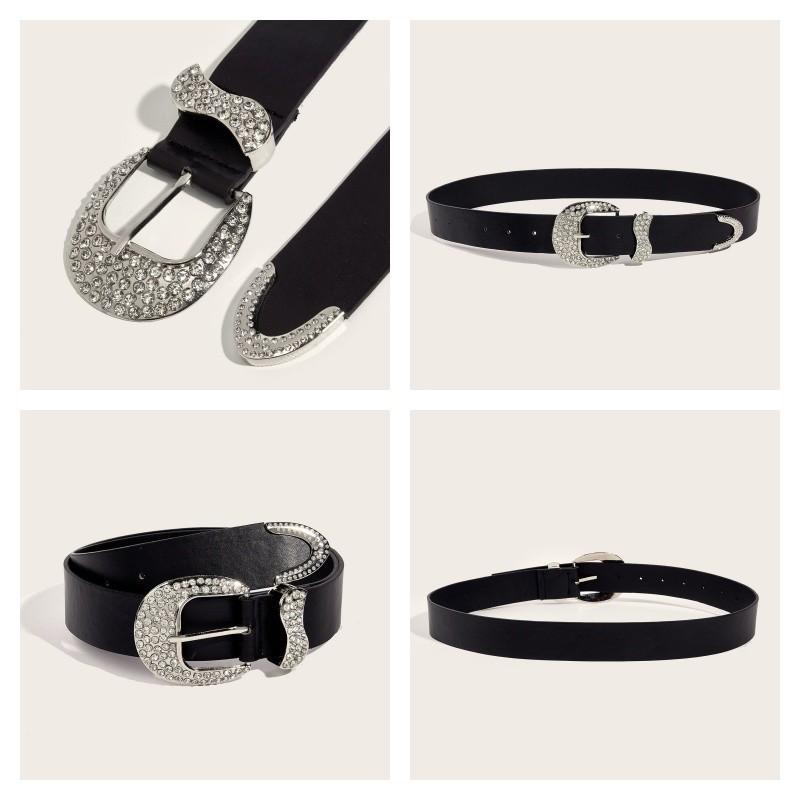 Black Vintage Decorative Rhinestone Belt Woman's Retro Style Alloy Buckle Personality Belt