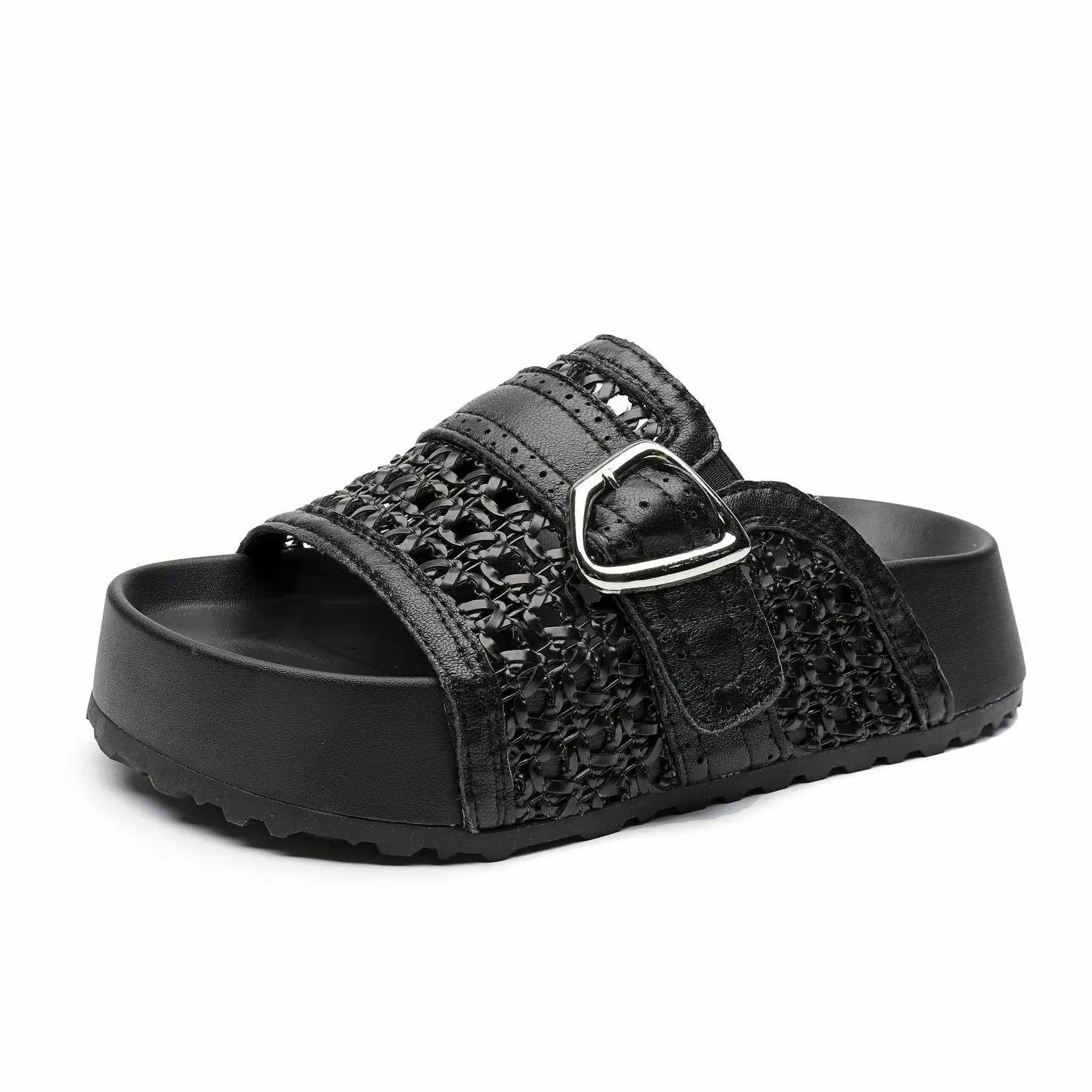 

Fashion 5CM Weave Sheepskin Leather Shoes Hollow Mary Jane Loafer Slippers Platform Wedge Flats Peep Toe Women Breathable Sandals Summer 35