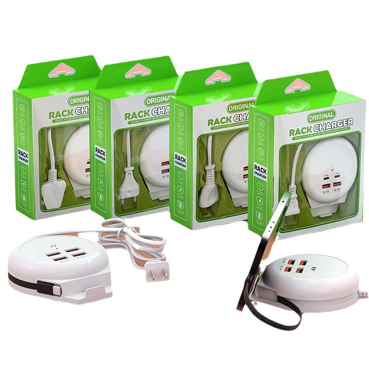 Power Strip Charger with Stand - 5.1A Fast Charging, 2 USB & 2 Type-C Ports, One-to-Four Multi-Device Charger