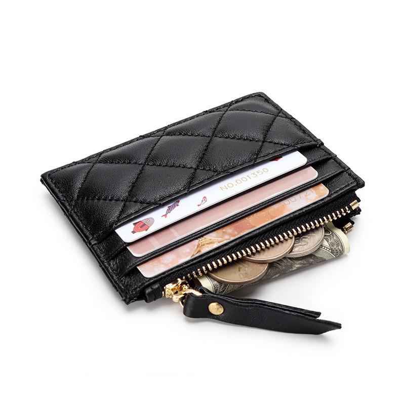Soft Sheepskin Short Wallet Style Diamond-check Zipper Change Purse Genuine Leather Multi-card ID Bag