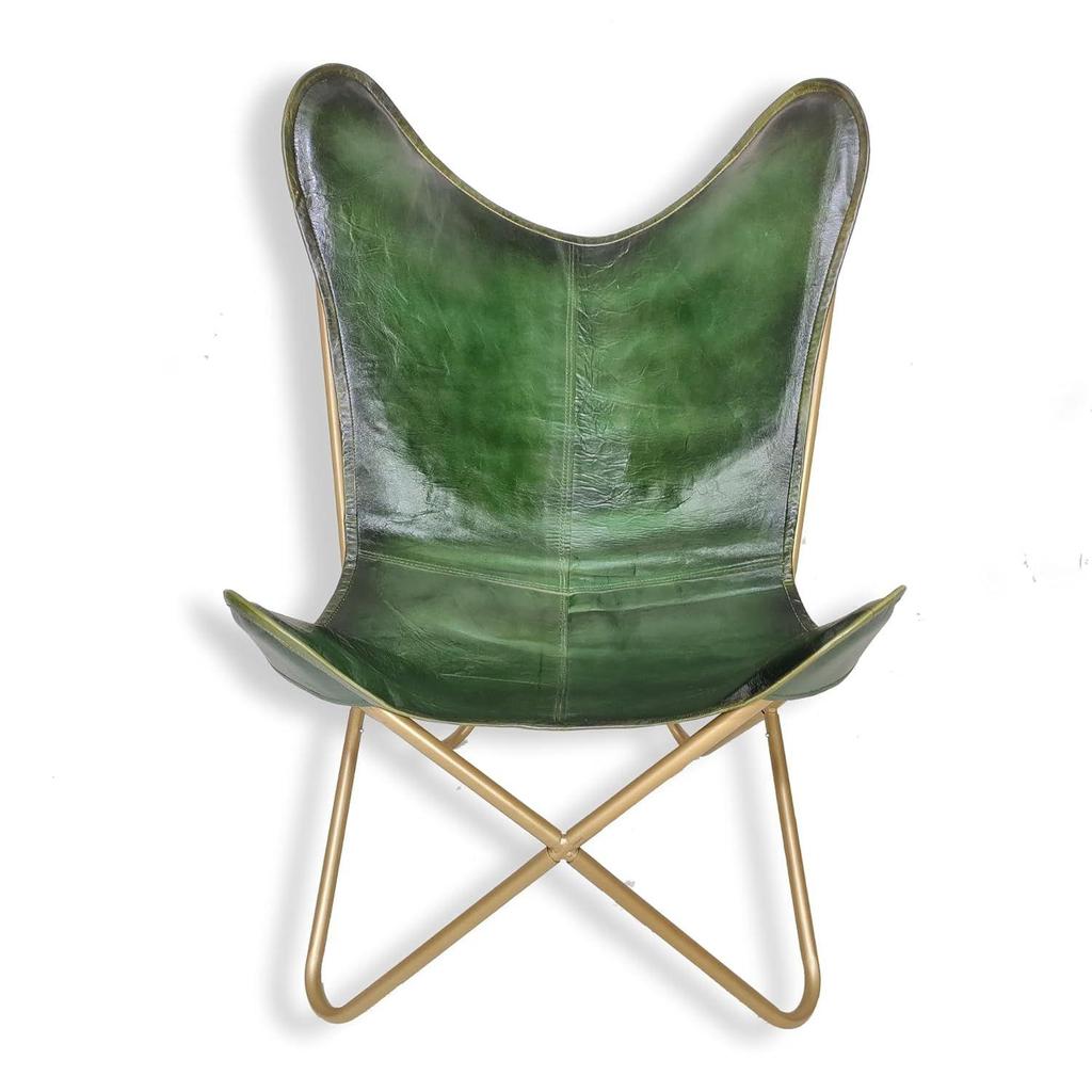 Classic Green Leather Butterfly Chair - Comfortable Folding Living Room Butterfly Chair – with Golden Powder Coated Iron Stand