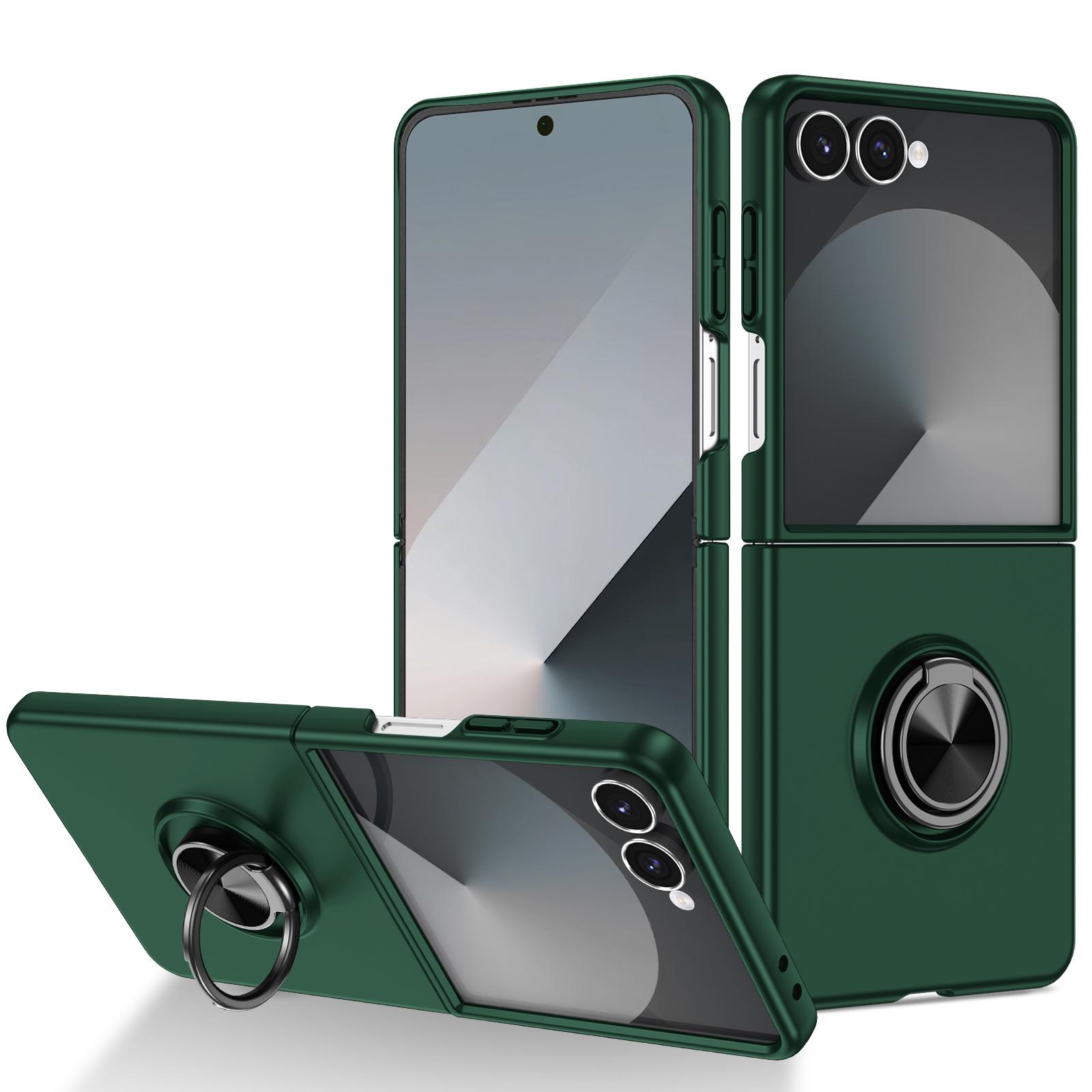 

For Samsung Galaxy Z Flip7 5G Case Rotatable Ring Kickstand Hard PC Phone Cover Blackish Green