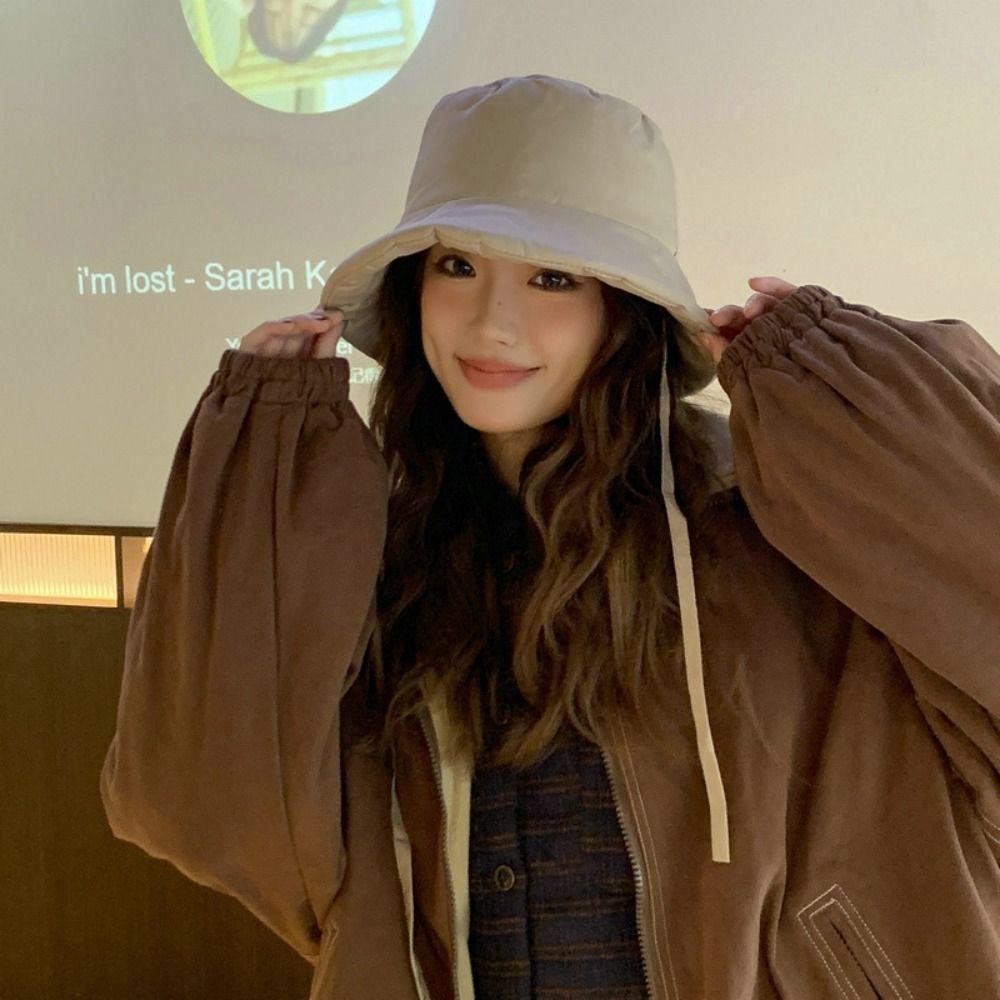 Portable Women Fisherman Hat Windproof Panama Caps Korean Down Cotton Bucket Hats Autumn Winter
