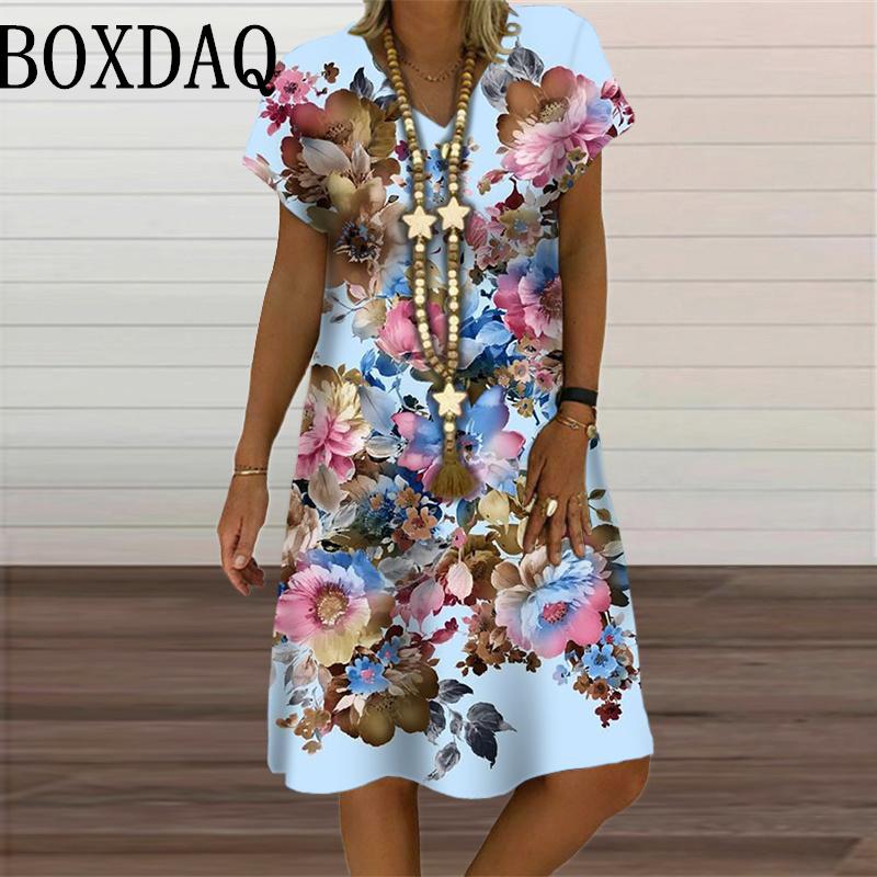 3D Butterfly Pattern Dress For Summer 2024 Women Clothes Oversized Fashion Short Sleeve Flower Print Dress Casual V-Neck Dresses